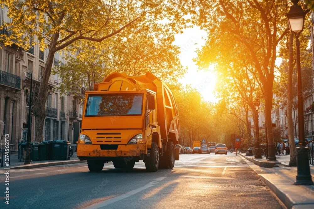 Obraz premium Garbage truck collects waste during sunset in a modern urban area Generative AI
