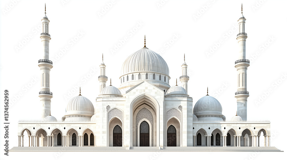 Fototapeta premium Stunning White Mosque Architecture: Islamic Landmark with Domes and Spires