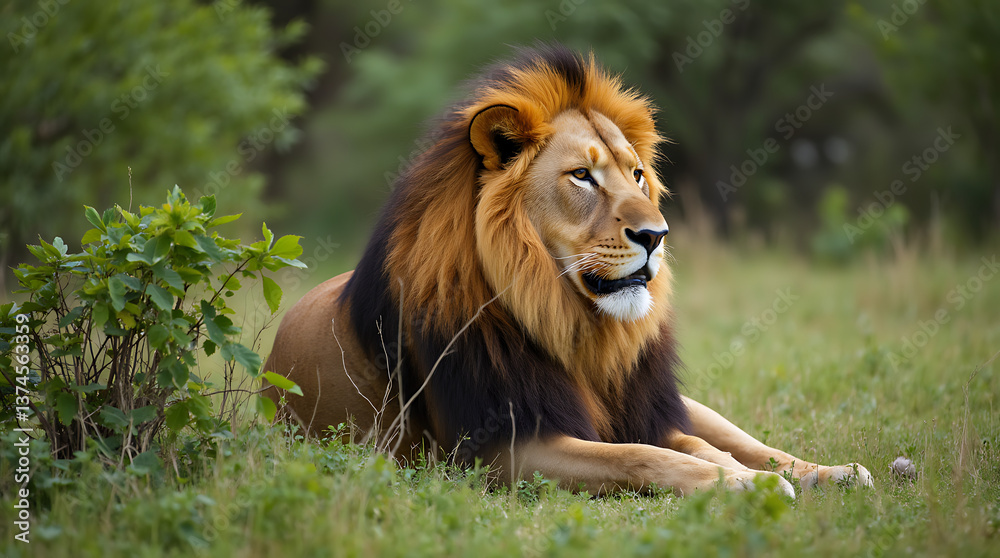 Regal Lion Relaxing in the Vibrant Green Landscape of Africa's Untamed Wilderness, Surrounded by Nature's Beauty Regal Lion Relaxing in the Vibrant Green Landscape of Africa's Untamed Wilderness, Surrounded by Nature's Beauty