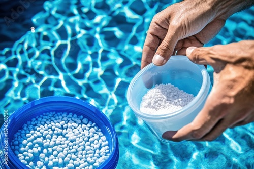 Refilling pool salt chlorinator with granules beside the water Generative AI