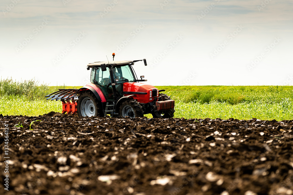 Fototapeta premium Agricultural scene of a modern tractor plowing fertile farmland with a cloudy sky backdrop