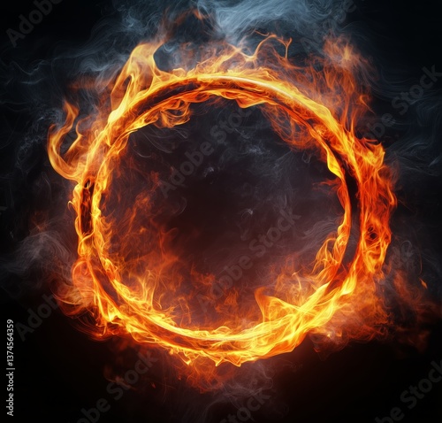 Flaming Circle With Smoke Against Dark Background Creating a Dramatic Effect