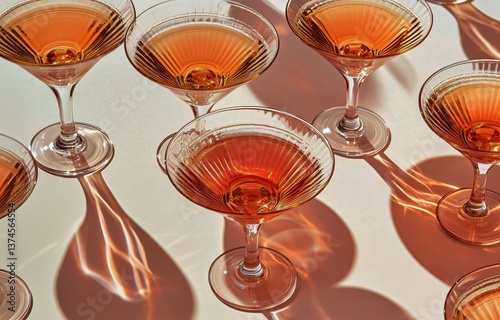 Elegant Martinis Lined up on a Table With Soft Sunlight Creating Warm Reflect...
