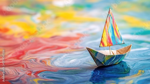 A vibrantly colored paper boat sails on a sea of swirling paint, evoking a sense of childhood imagination, artistic expression, and the whimsical nature of dreams and creativity.
