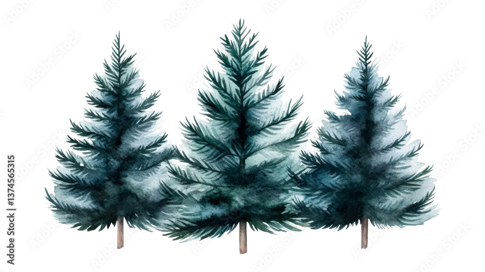 Naklejka premium Watercolor conifer trees isolated on black, cut out transparent