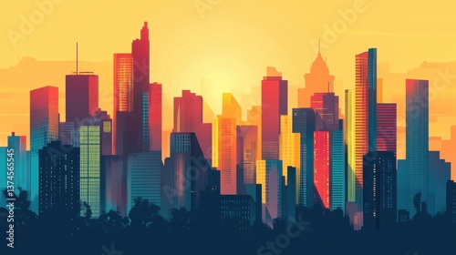 Wallpaper Mural A vibrant digital painting of a city skyline at sunset, featuring a bold color palette and geometric abstraction, evoking a sense of urban energy and modern aesthetic appeal. Torontodigital.ca