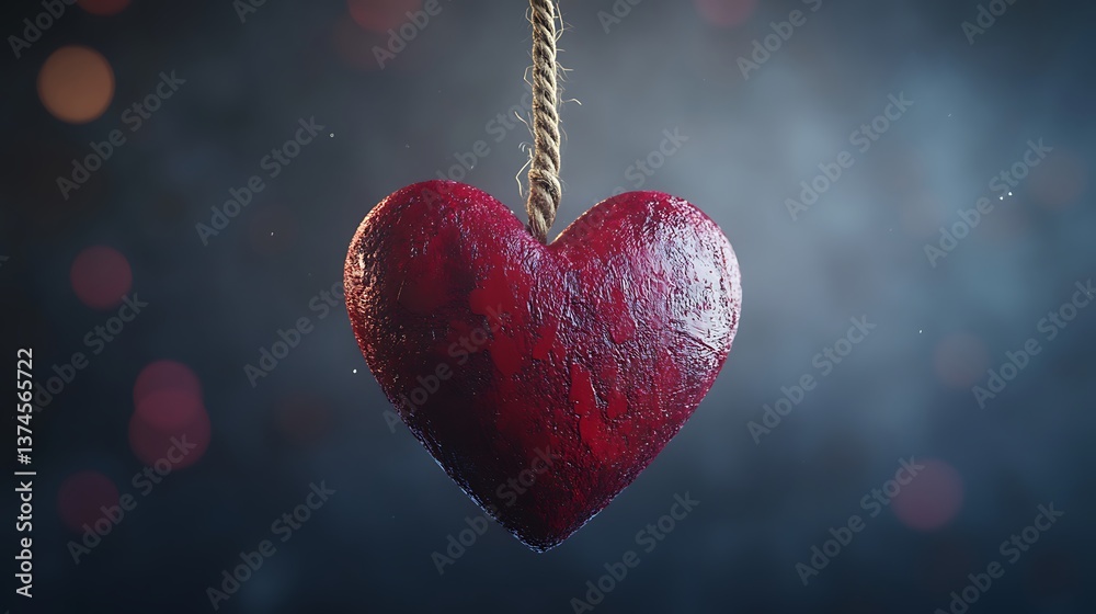 Obraz premium Delicate red heart ornament suspended from a rope image