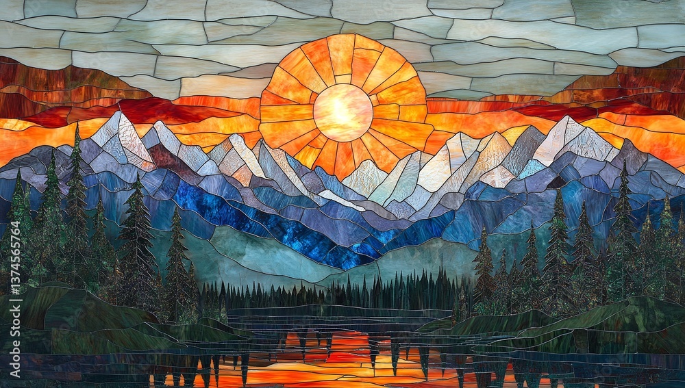 Obraz premium Vibrant stained glass artwork depicting a breathtaking sunset over majestic mountains and a tranquil lake. Warm oranges and blues dominate the scene.