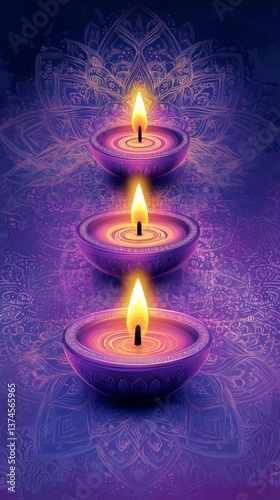 Beautiful Decorative Candles Glowing on Dark Purple Background During Festive...