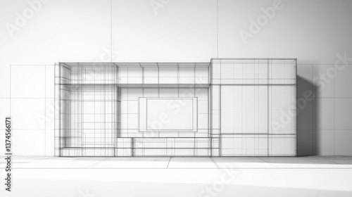 Elegant Minimalist Design of Modern Living Room Entertainment Center in Wireframe Style with Clean Lines and Contemporary Elements