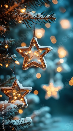 Beautifully Lit Star Ornament Hanging on a Snowy Tree Branch in a Winter Wond...