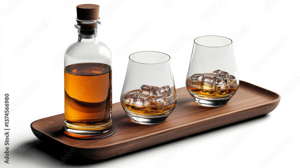 A whiskey bottle and a glass of the spirit arranged on a presentation board, inviting a sip of this refined alcohol A whiskey bottle and a glass of the spirit arranged on a presentation board, inviting a sip of this refined alcohol