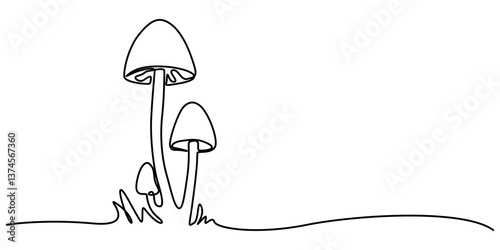Mushroom line drawing. Nature food concept in continuous one single outline. Vector illustration isolated. Minimalist design hand drawn, Mushroom continuous one line drawing of isolated outline vector