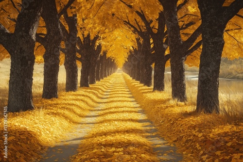 A golden autumn path stretching into the distance, lined with maple trees whose fiery leaves carpet the ground. The crisp air carries the distant sound of a babbling brook.