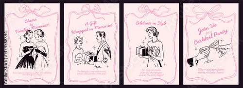 Collection of hand-drawn vintage greeting cards featuring gifts, toasts, and celebration quotes with bows and classic charm.