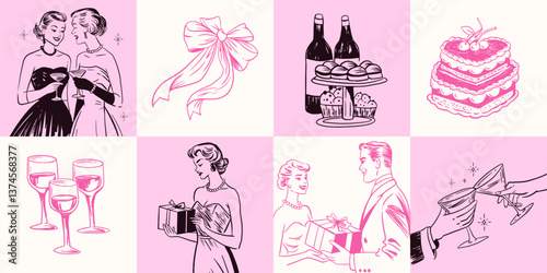 Hand-drawn retro collage showing drinks, cake, ribbons, and celebration moments, combining coquette aesthetics with vintage charm.