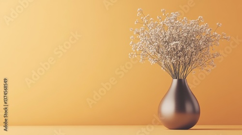 Wallpaper Mural A stylish metallic vase with white baby's breath set against a rich ochre background. Torontodigital.ca