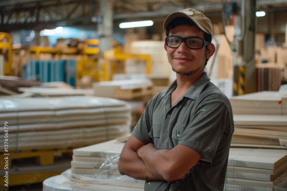Obraz premium Portrait of a smiling Hispanic worker inside large Furniture factory and interior woof items building factory
