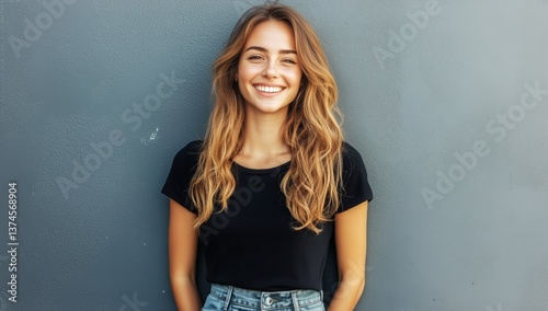 Smiling Woman Stands Confidently Against a Gray Wall in Casual Attire During ...