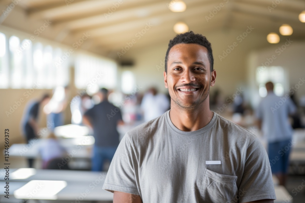 Portrait of a male volunteer working in sunny community center Portrait of a male volunteer working in sunny community center