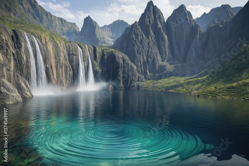 A hidden fjord paradise where waterfalls flow gently into a peaceful lagoon surrounded by jagged mountain peaks. The turquoise water reflects the sky above, and small ripples dance across its surface.