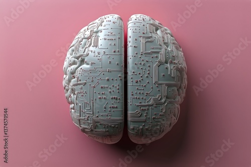 Modern Digital Brain With Circuitry Design on a Red Background Showcasing Tec...
