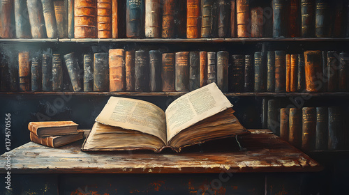 Ancient knowledge in a quiet library, a weathered textbook rests on a wooden table, surrounded by shelves filled with timeworn volumes. Timeworn Artifact. Illustration