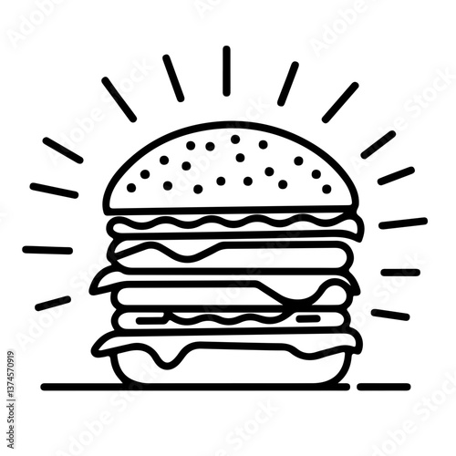 Outlined burger with radiant lines icon as concept of premium fast food featured product gourmet burger promotion app menu and visual attention marker