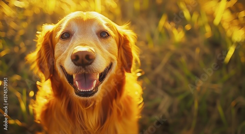 Happy Golden Retriever Sitting on Lush Green Grass in a Sunny Park