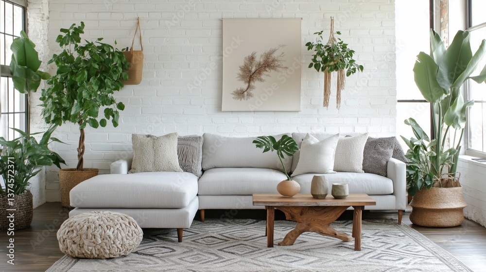 Fototapeta premium A bright and airy living area with a light gray couch, a white brick feature wall, a herringbone parquet floor