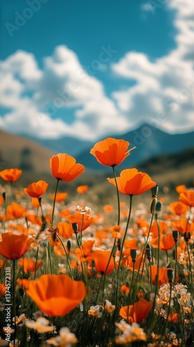Bright Orange Flowers Bloom in a Colorful Field Under a Blue Sky