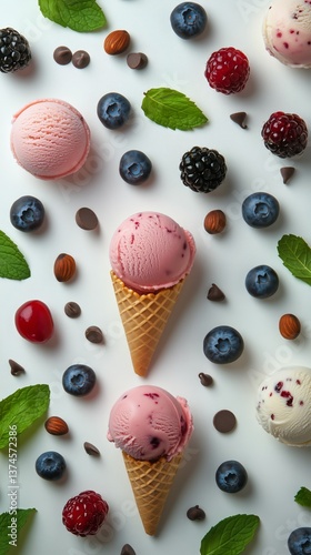 Colorful Ice Cream Scoops Arranged Artistically With Fresh Fruits and Nuts on...
