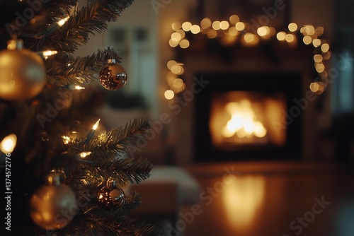 Warm Holiday Evening With a Decorated Christmas Tree and Glowing Fireplace in...