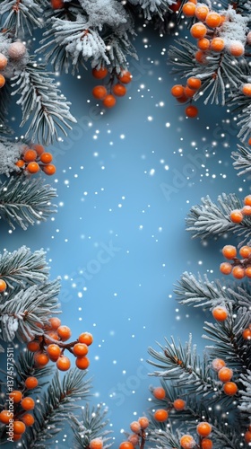 Winter Backdrop With Frosted Branches and Bright Red Berries Under Falling Snow