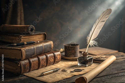 An antique book rests with a plume feather quill and inkwell, evoking vintage writing on aged paper