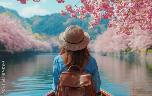 Enjoying a Serene Boat Ride Among Blooming Cherry Blossoms on a Sunny Day in ...