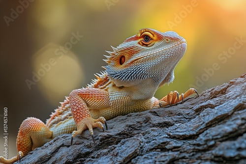 Colorful Bearded Dragon Resting on Tree Branch in Warm Sunlight During Aftern...