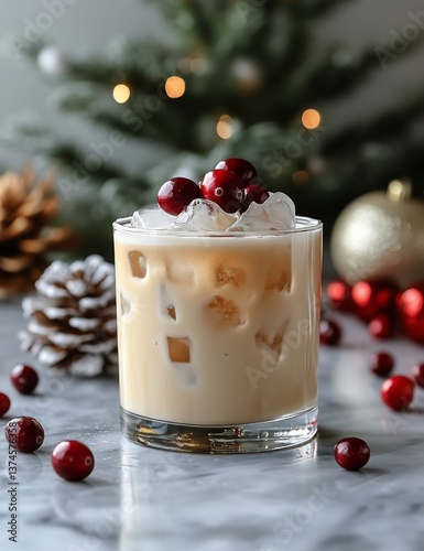 Festive Drink With Cranberries and Ice Displayed on a Marble Surface During H...