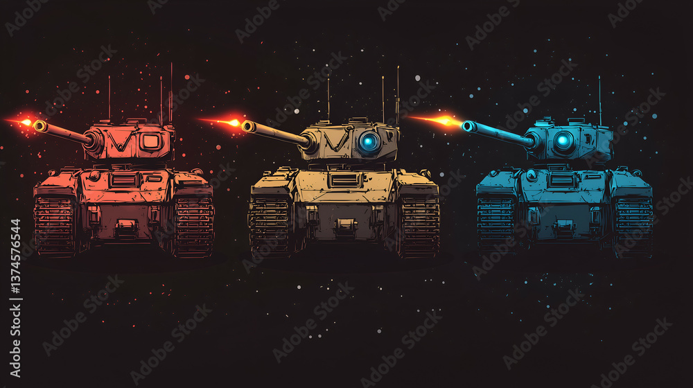 Fototapeta premium Futuristic Tank Squadron: Neon-Colored Digital Art Showcasing Powerful Combat Technology in Modern Warfare