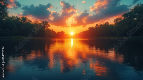 Sunset reflecting on water, with trees. Vivid colors and cloud formations