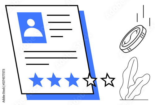 Profile card with photo, text, and star rating system next to a falling coin and abstract plant. Ideal for feedback, achievement tracking, gamification, online review, performance, rewards flat