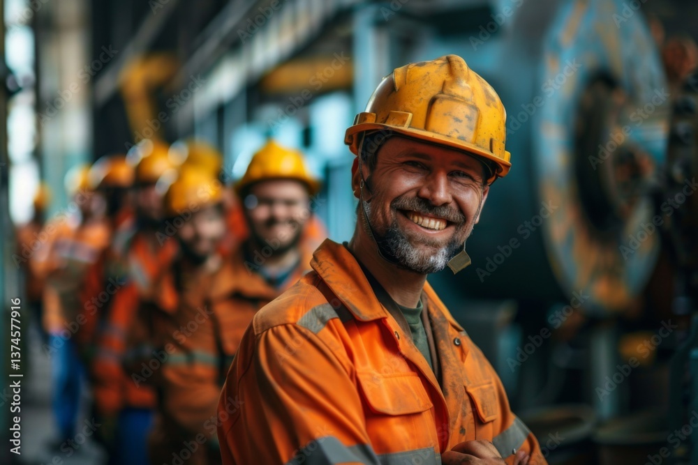 Portrait of a smiling factory worker in a group of coworkers