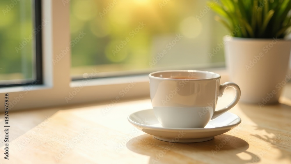 Morning coffee cup on a wooden table near a sunny window with a plant in the background creating a cozy atmosphere for relaxation and enjoyment healthy eating concept Morning coffee cup on a wooden table near a sunny window with a plant in the background creating a cozy atmosphere for relaxation and enjoyment healthy eating concept