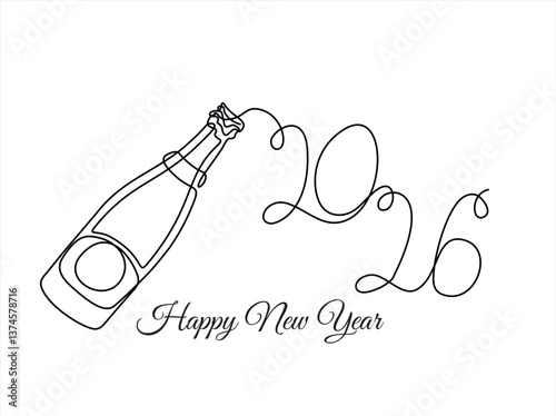 Happy New Year 2026 with a champagne bottle . One line drawing. Vector illustration continuous line drawing. Editable stroke.
