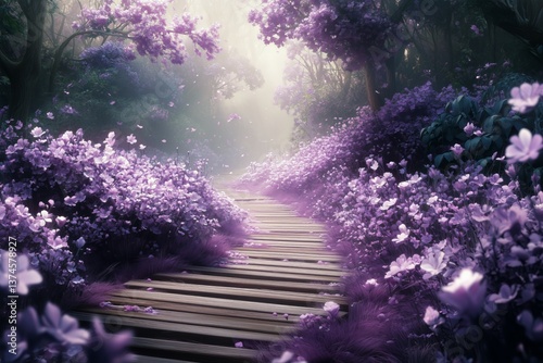 Wooden Pathway Winding Through Vibrant Purple Flowers in a Serene Garden Setting
