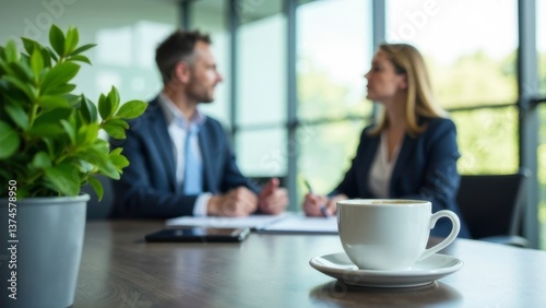 Business meeting with professionals discussing ideas over coffee in a modern office setting showcasing collaboration and teamwork healthy work environment concept