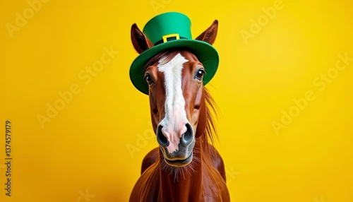 A horse wearing a green leprechaun hat on a bright yellow background, celebrating St. Patrick's Day