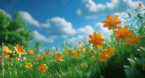 Vibrant Yellow Flowers Bloom in a Sunny Meadow Under a Clear Sky