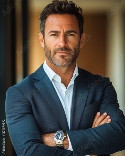 Professional Man in Suit Posing Confidently in Modern Office Setting