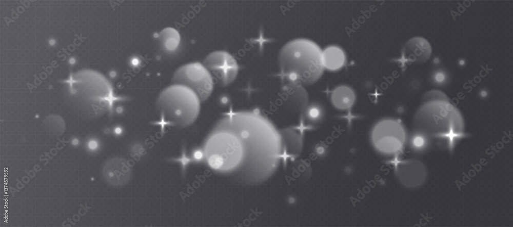 White bokeh with stars and sparkles, shiny overlay decoration isolated on grey background. Vector illustration.